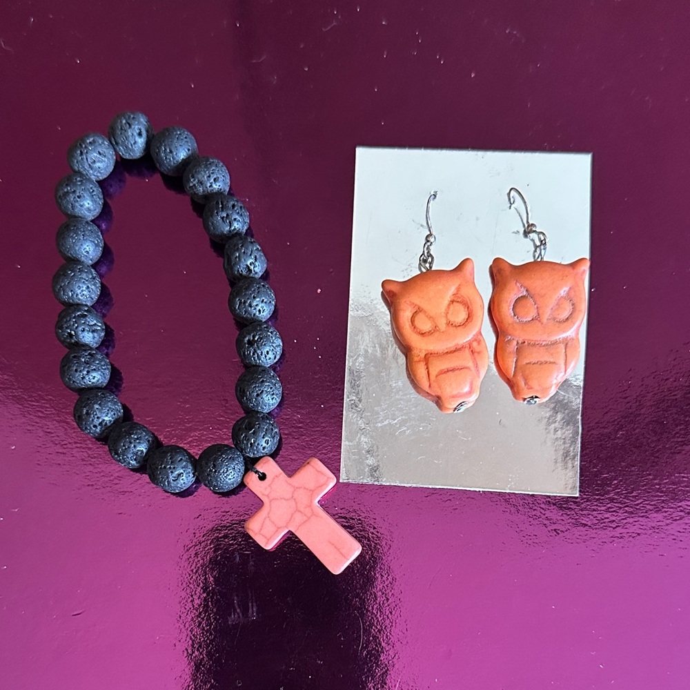 Black Beaded Bracelet with Cross and Orange Owl Earrings